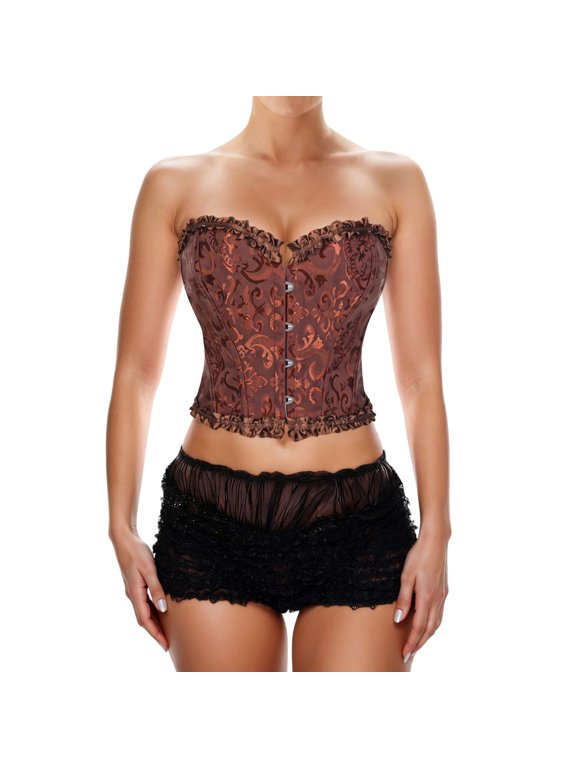 Women Corset Top Overbust Bustier Floral Brocade Ruffle Trim Front Busk Closure Shapewear for Daily Outings