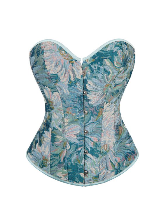 Women Corset Top Overbust Floral Embroidered Front Busk Closure Boned Waist Cincher Bustier for Casual Comfort Wear,XS,Blue