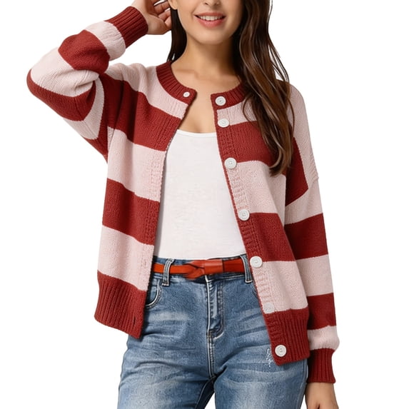 JIAYUE Women Crew Neck Cardigan Button‑Front Color Block Striped Knit Sweater Long Sleeve Stylish Tops for Comfortable Wear