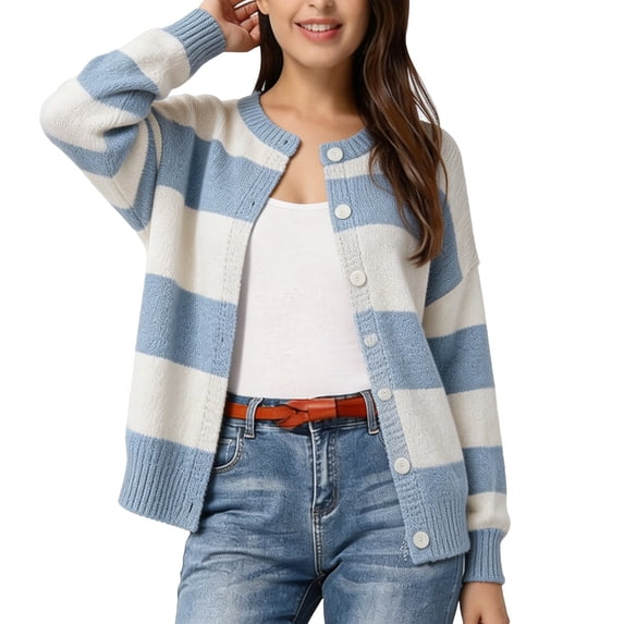 JIAYUE Women Crew Neck Cardigan Button‑Front Color Block Striped Knit Sweater Long Sleeve Stylish Tops for Festival Stylish