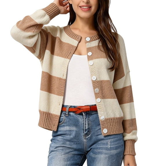 JIAYUE Women Crew Neck Cardigan Button‑Front Color Block Striped Knit Sweater Long Sleeve Stylish Tops for Outdoor Walks