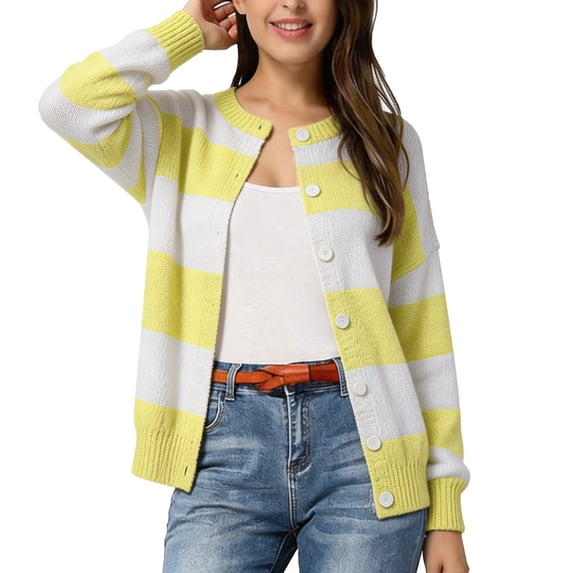 JIAYUE Women Crew Neck Cardigan Button‑Front Color Block Striped Knit Sweater Long Sleeve Stylish Tops for Outdoor Wear