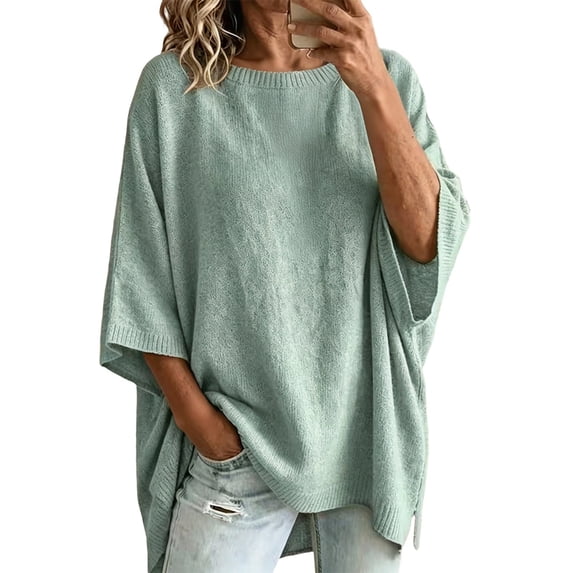 JIAYUE Women Crew Neck Knit Sweater Solid Color Batwing Short Sleeve Oversized Tunic Top for Loose Wear