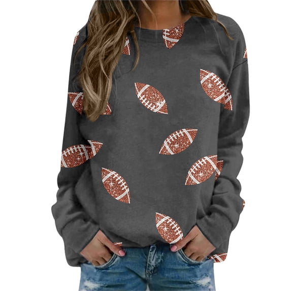 JIAYUE Women Crew Neck Sweatshirt Long Sleeve Print Glitter Football Pattern Casual Pullover Tops For Everyday Walking Outdoor Activities And Sports Watch Parties