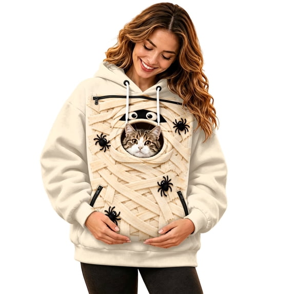 JIAYUE Women Cute Pet Carrier Hoodie Oversized Halloween Hooded Sweatshirt With Front Carry Pouch Cozy Wear Built In Kangaroo Pocket For Small Pets