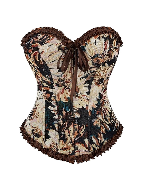 Women Floral Corset Top Overbust Bustier Ruffle Trim Front Busk Closure Lace Up Back for Fall Festival Gathering,S,Coffee
