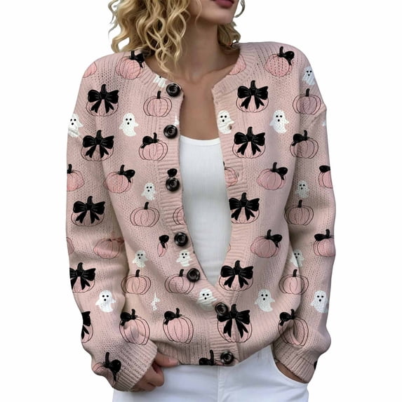 JIAYUE Women Halloween Cardigan Cozy Crew Neck Button Front Knit Sweater Long Sleeve Pumpkin Ghost Print Outerwear For Daily Walking Shopping