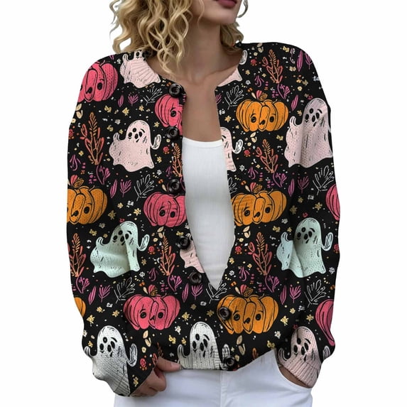 JIAYUE Women Halloween Cardigan Cozy Crew Neck Button Front Knit Sweater Long Sleeve Pumpkin Ghost Print Outerwear For Party Wear