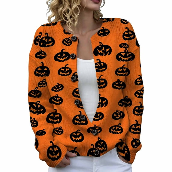 JIAYUE Women Halloween Cardigan Cozy Crew Neck Button Front Knit Sweater Long Sleeve Pumpkin Print Outerwear For Daily Relax Wear