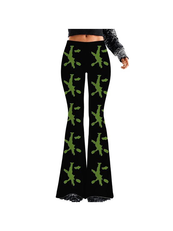 Women Halloween Pants Graphic Print Stretchy Flared Trousers Slim Fit Retro Bootcut Bottoms for Fall Baggy Wear