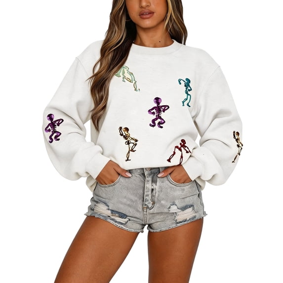 JIAYUE Women Halloween Sweatshirt Skeleton Embroidery Crew Neck Long Sleeve Loose Fit Pullover Casual Tops Outdoor Versatile For Light Exercise And Weekend Relax Wear