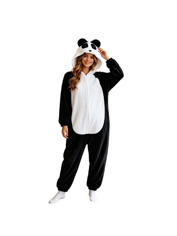 Women Hooded Jumpsuit Pajamas Zip Front Panda Design Long Sleeve Full Body Loungewear Romper Soft Wear,M