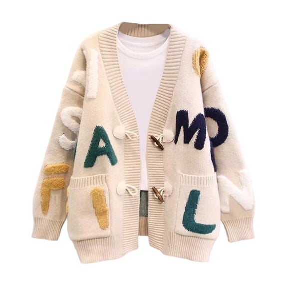JIAYUE Women Knit Cardigan V‑Neck Letter Applique Long Sleeve Drop Shoulder Sweater Fashion Top for Daily Walking