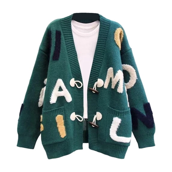 JIAYUE Women Knit Cardigan V‑Neck Letter Applique Long Sleeve Drop Shoulder Sweater Fashion Top for Outdoor Wear
