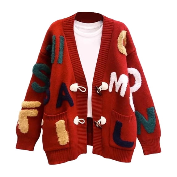 JIAYUE Women Knit Cardigan V‑Neck Letter Applique Long Sleeve Drop Shoulder Sweater Fashion Top for Party Wear