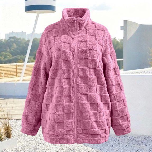JIAYUE Women Loose Fit Outerwear Jacket Plaid Jacquard Long Sleeve Zipper Snug Warmth For Elegant Social Coat