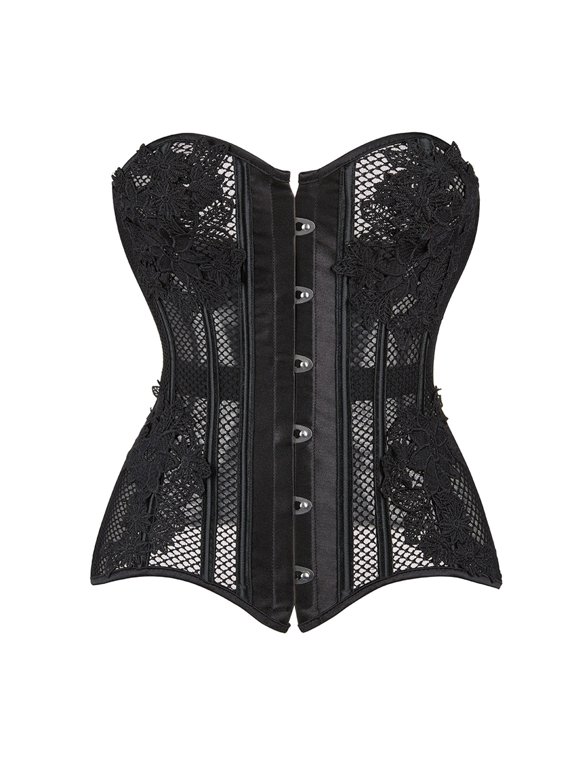 Women Overbust Corset Tops Lace Mesh Boned Bustier Front Busk Fastening Lace Up Back for Casual Holiday