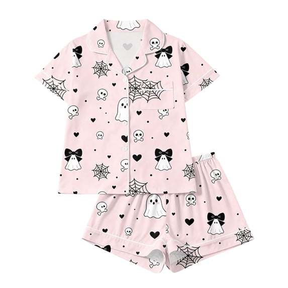 JIAYUE Women Pajama 2-Piece Set Notch Collar Halloween Print Short Sleeve Shirt and Shorts Pjs for Baggy Wear