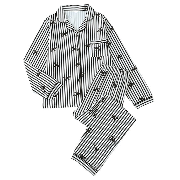 JIAYUE Women Pajama Set Long Sleeve Striped Print Notch Collar Top Long Pants 2 Piece Nightwear for Bedroom Rest