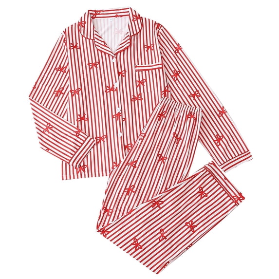 JIAYUE Women Pajama Set Long Sleeve Striped Print Notch Collar Top Long Pants 2 Piece Nightwear for Fall Wear
