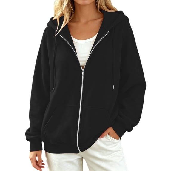 JIAYUE Women Plain Hooded Sweatshirt Jacket Soft Full Zipper Elastic Ribbed Cuffs And Hem Daily Hoodies Coat For Weekend Workout And Trips