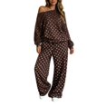 thumbnail image 1 of JIAYUE Women Polka Dot 2 Piece Outfit Off Shoulder Lantern Long Sleeve Top Drawstring Wide Leg Pants for Festival Gathering, 1 of 5