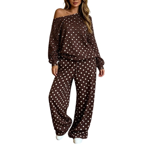 JIAYUE Women Polka Dot 2 Piece Outfit Off Shoulder Lantern Long Sleeve Top Drawstring Wide Leg Pants for Festival Gathering