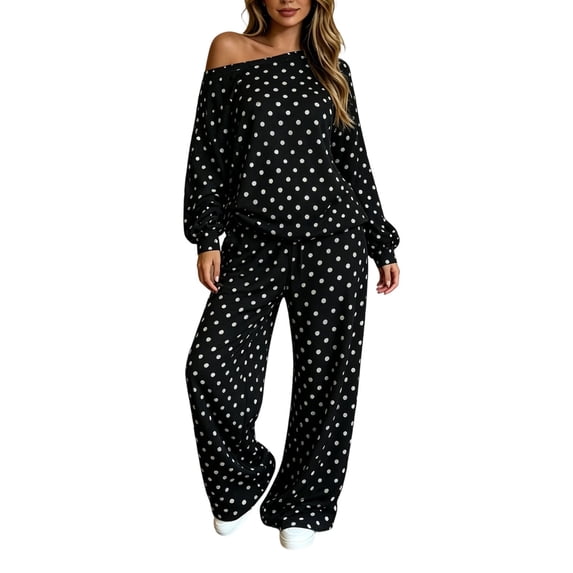 JIAYUE Women Polka Dot 2 Piece Outfit Off Shoulder Lantern Long Sleeve Top Drawstring Wide Leg Pants for Loose Wear