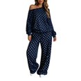 thumbnail image 1 of JIAYUE Women Polka Dot 2 Piece Outfit Off Shoulder Lantern Long Sleeve Top Drawstring Wide Leg Pants for Walking Casual Shopping, 1 of 5