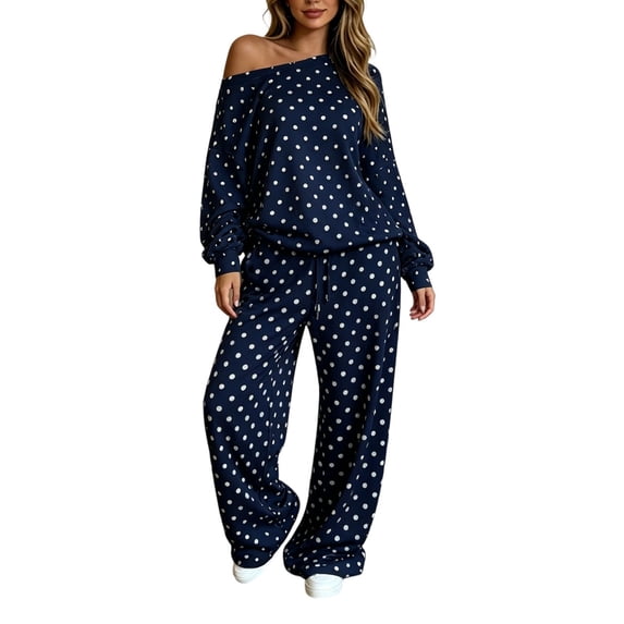 JIAYUE Women Polka Dot 2 Piece Outfit Off Shoulder Lantern Long Sleeve Top Drawstring Wide Leg Pants for Walking Casual Shopping