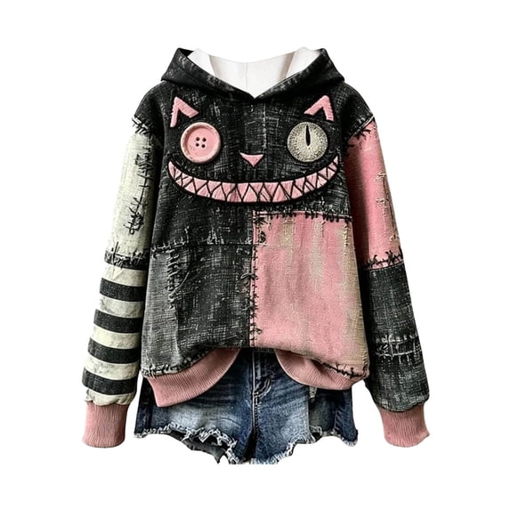 JIAYUE Women Pullover Hoodie Long Sleeve Patchwork Monster Face Print Sweatshirt With Pocket for Daily Streetwear