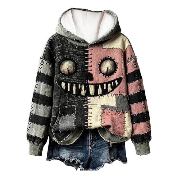 JIAYUE Women Pullover Hoodie Long Sleeve Patchwork Monster Face Print Sweatshirt With Pocket for Daily Travel