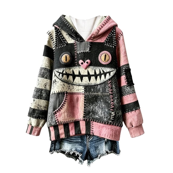 JIAYUE Women Pullover Hoodie Long Sleeve Patchwork Monster Face Print Sweatshirt With Pocket for Outdoor Travel