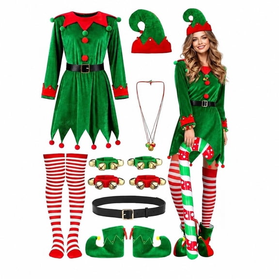 JIAYUE Women‘S Christmas Elf Outfit Elf Dress With Button Details Buckle Waistband Full Accessory Set With Hat Stockings Shoes Bell Bracelets For Xmas Role Play Cosplay