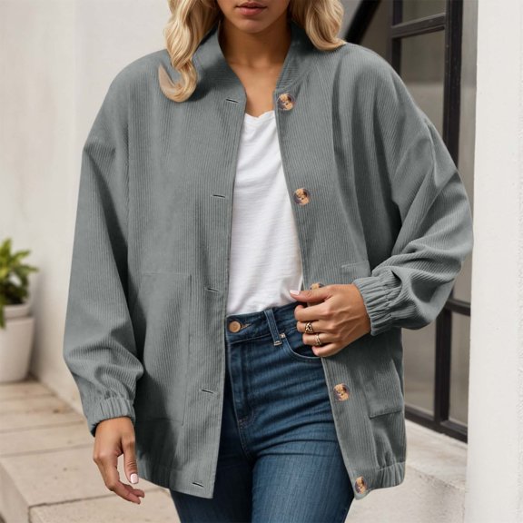 JIAYUE Women Social Outerwear Solid Color Long Sleeve Loose Button Windbreaker For Autumn Elegant Coat