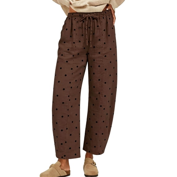 JIAYUE Women Straight Leg Pants Polka Dot Print Drawstring Elastic Waist Side Pockets Loose Trousers for Daily Walking Vacation