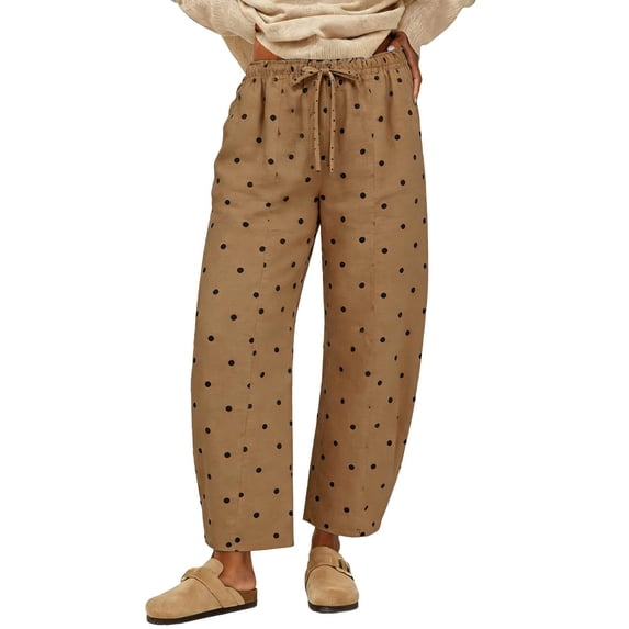 JIAYUE Women Straight Leg Pants Polka Dot Print Drawstring Elastic Waist Side Pockets Loose Trousers for Fall Baggy Wear
