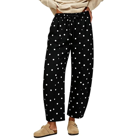 JIAYUE Women Straight Leg Pants Polka Dot Print Drawstring Elastic Waist Side Pockets Loose Trousers for Street Daily Casual