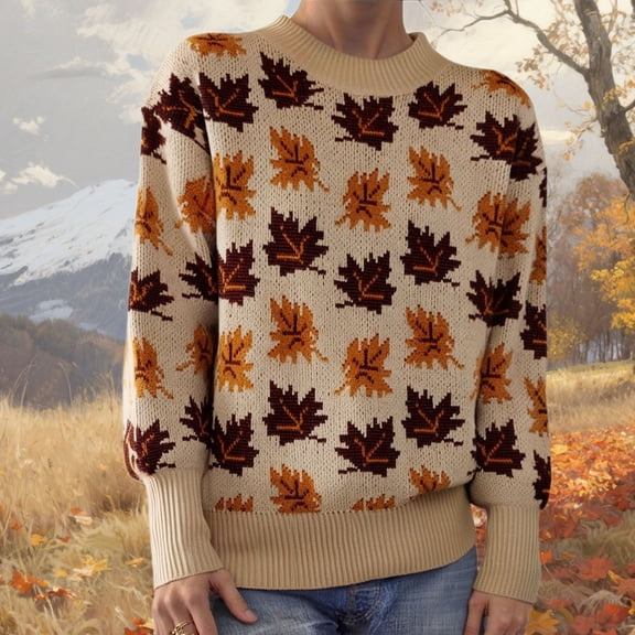 JIAYUE Women Sweaters Maple Leaf Pattern Pullover Round Neck Long Sleeve Loose Fit For Women Trendy Seasonal Wear