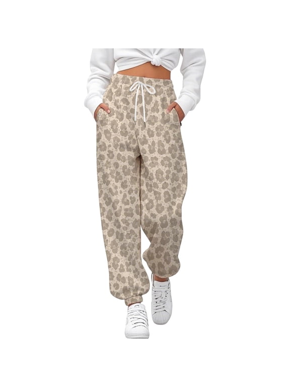 Women Sweatpants Elastic Drawstring Waist Leopard Print Soft Knit Loose‑Fit Jogger Pants for Daily Wear