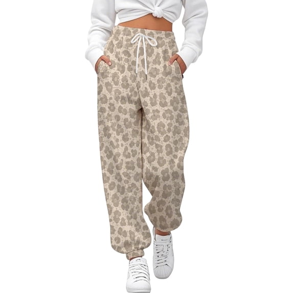 JIAYUE Women Sweatpants Elastic Drawstring Waist Leopard Print Soft Knit Loose‑Fit Jogger Pants for Daily Wear
