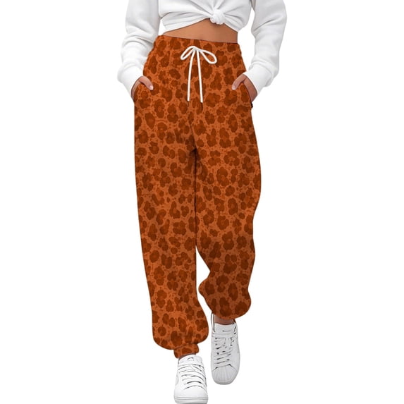 JIAYUE Women Sweatpants Elastic Drawstring Waist Leopard Print Soft Knit Loose‑Fit Jogger Pants for Fall Baggy Wear