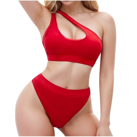 JIAYUE Women Swimsuit Sets One-Shoulder Asymmetrical Neck Bikini Two Piece Solid Color Splicing Hollow Out Pool Female Swimwear