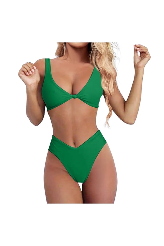 Women Swimsuit Sets Sleeveless Solid Color Bikini V Neck Knot Front Push Up High Leg Thong Two Piece Vacation Female Swimwear
