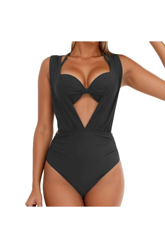 Women Swimsuit Sets Sleeveless Solid Color Deep V Neck Hard Cup Gathered Underwear Sexy High Waisted Bikini Two Piece Pool Female Swimwear