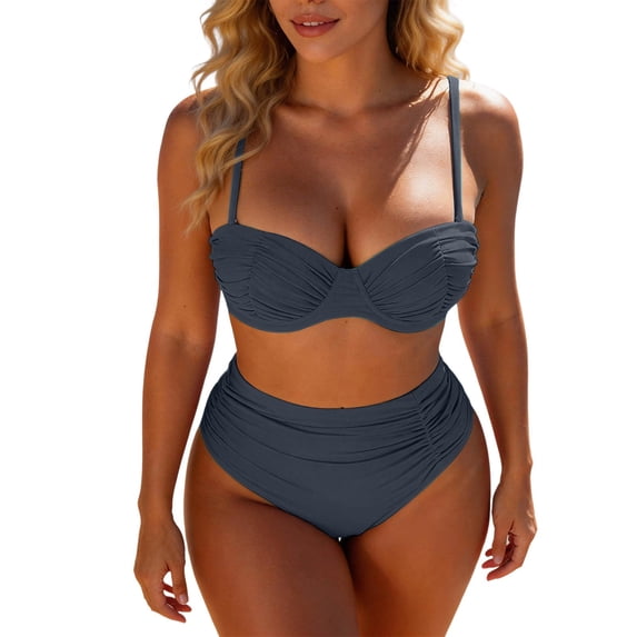 JIAYUE Women Swimsuit Sets Spaghetti Strap Sweetheart Neck Two Piece Bikini Top With High Waist Bottoms Solid Color Tankini Resort Female Swimwear