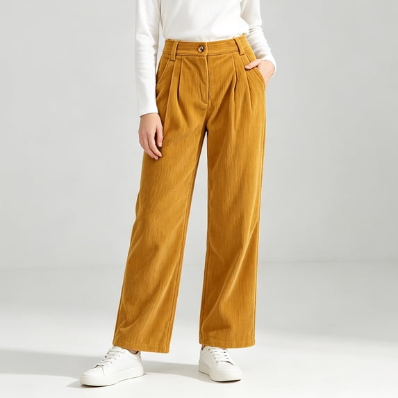 JIAYUE Women Wide Leg Pants Corduroy Button Zipper Fly Front Pleat Side ...