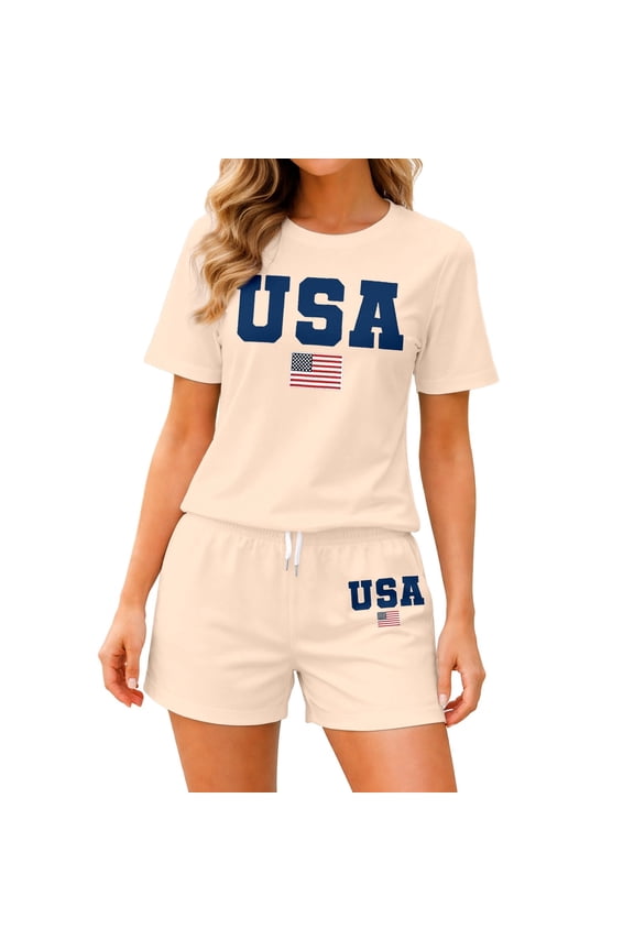 Women's 2 Piece Outfit Sets Independence Day Crew Neck Summer Short Sleeve Top And Elastic Waist Shorts With Letter And American Flag Print Comfortable Clothing Set
