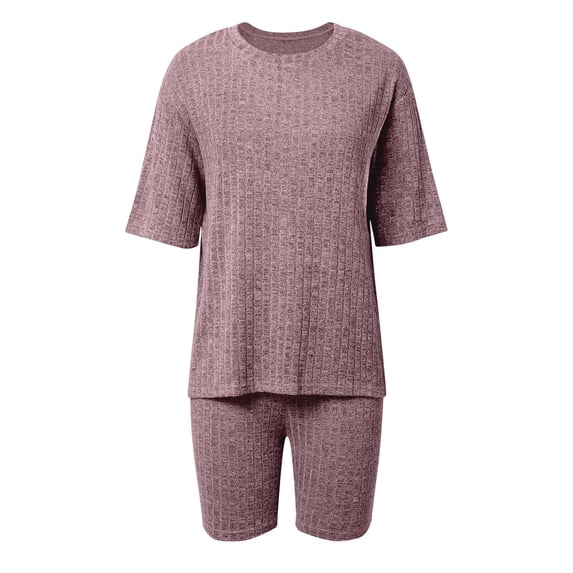 JIAYUE Women's 2 Piece Outfit Sets Plus Size Ribbed Knit Crew Neck Half Sleeve Top And Shorts Solid Color Comfortable Loungewear Set For Female