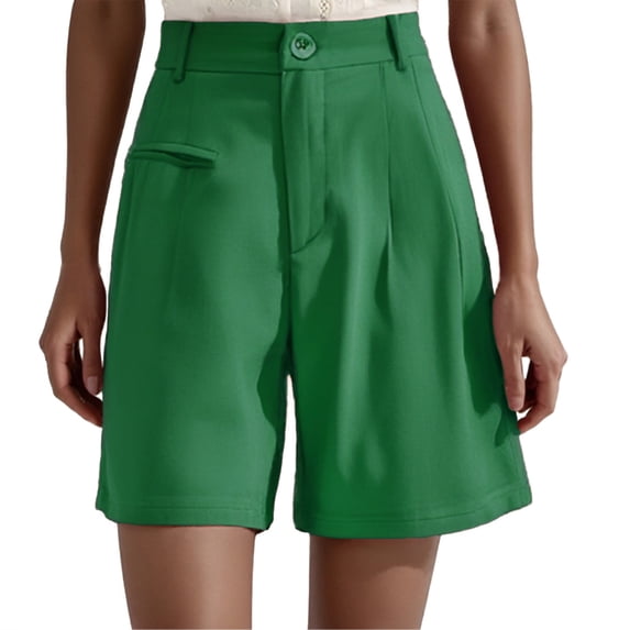 JIAYUE Women's Bermuda Shorts Buttons Solid Color Summer Elastic High Waisted Wide Leg Business Casual Dressy With Pockets Stylish Female Bottoms